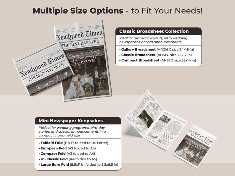 May include: Newspaper keepsakes with the headline "Newlywed Times" and the text "The Best Day Ever." The image shows various sizes, including a folded newspaper and an open newspaper. The text also lists different fold options.
