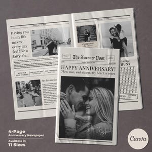Op de afbeelding: Een zwart-wit 4-pagina's tellende jubileumkrant met foto's en tekst. De kop luidt "HAPPY ANNIVERSARY!" met de tekst "Then, now, and always, my heart is yours." De krant is verkrijgbaar in 11 formaten.