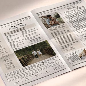 May include: A wedding newspaper with a timeline, photos, and text. The newspaper includes sections titled "Meet the Wedding Party," "Note from the Lovely Couple," and "Wedding Word Search." The date "June 5th, 2026" is displayed.
