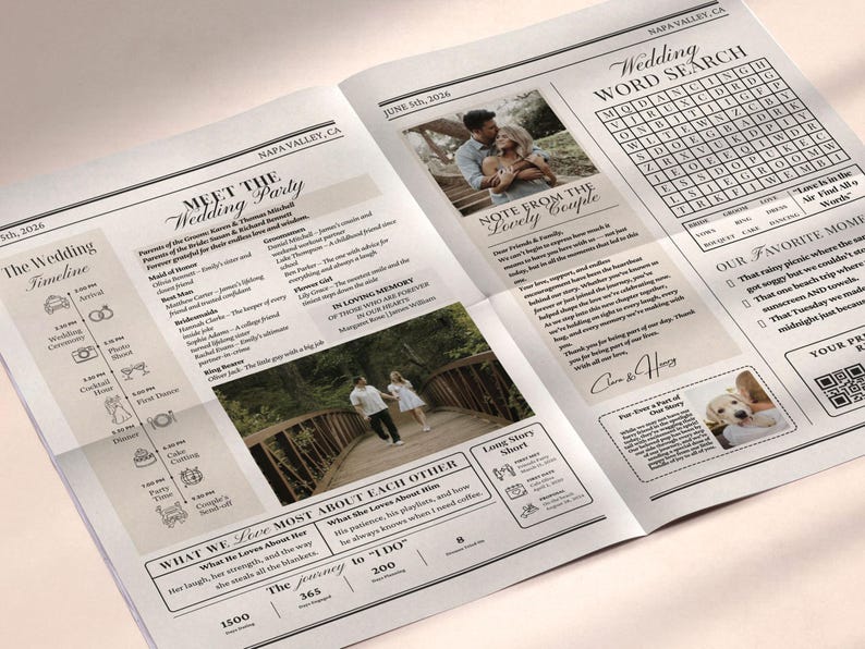 May include: A wedding newspaper with a timeline, photos, and text. The newspaper includes sections titled "Meet the Wedding Party," "Note from the Lovely Couple," and "Wedding Word Search." The date "June 5th, 2026" is displayed.