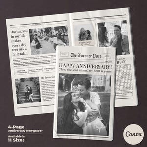 May include: A black and white newspaper-style print with the headline "HAPPY ANNIVERSARY!" and the text "Then, now, and always, my heart is yours." The image includes photos of a couple and the text "4-Page Anniversary Newspaper Available in 11 Sizes."