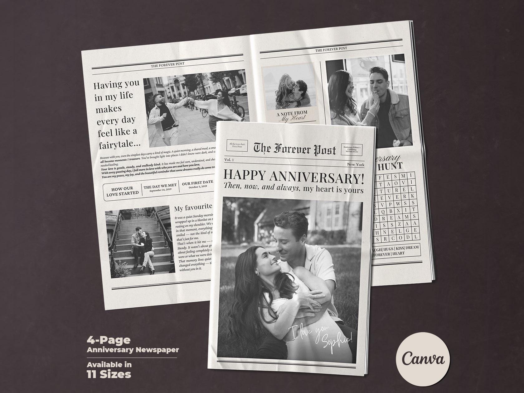 Anniversary Newspaper for Couples, 1 Year Anniversary Gift for Him or Her, Editable Canva Template Printable, First Year Wedding Anniversary