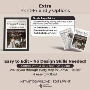 May include: A framed black and white wedding newspaper print with the headline "Newlywed Times: The Best Day Ever." The image includes two additional newspaper prints and text that reads "Easy to Edit - No Design Skills Needed!"