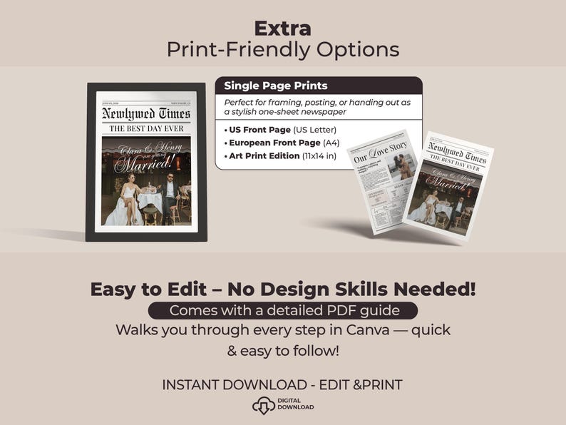 May include: A framed black and white wedding newspaper print with the headline "Newlywed Times: The Best Day Ever." The image includes two additional newspaper prints and text that reads "Easy to Edit - No Design Skills Needed!"