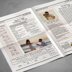 May include: Open newspaper spread with wedding details. Features include a timeline, photos, and text: "Meet the Wedding Party," "Note from the Lovely Couple," and a word search. The date is June 5th, 2026.
