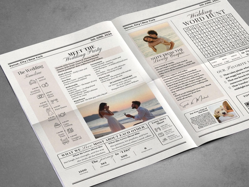 May include: Open newspaper spread with wedding details. Features include a timeline, photos, and text: "Meet the Wedding Party," "Note from the Lovely Couple," and a word search. The date is June 5th, 2026.