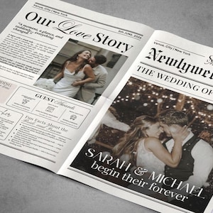 May include: A newspaper-style wedding announcement with the headline "Our Love Story" and "Newlywed Times." The announcement features photos of a couple and text that reads "Sarah & Michael begin their forever."