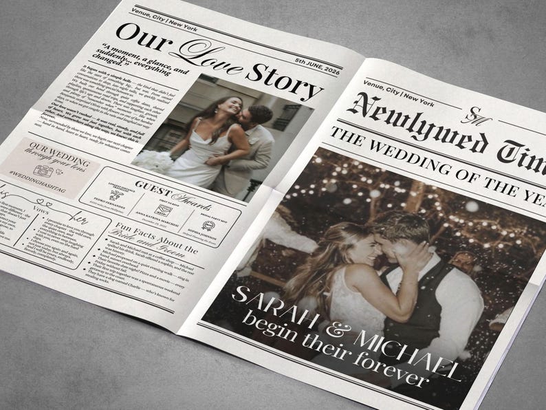 May include: A newspaper-style wedding announcement with the headline "Our Love Story" and "Newlywed Times." The announcement features photos of a couple and text that reads "Sarah & Michael begin their forever."