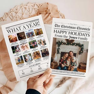 Lembrança de boletim informativo de fim de ano | Modelo de cartão de fim de ano em retrospectiva | Colagem de fotos de cartões "Que ano!" | Cartão de Natal de jornal para impressão