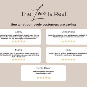 May include: A beige graphic with the text "The Love Is Real" and customer testimonials. The testimonials are in white rounded rectangles with customer names and star ratings. The Coffee Clock logo is in the bottom right corner.