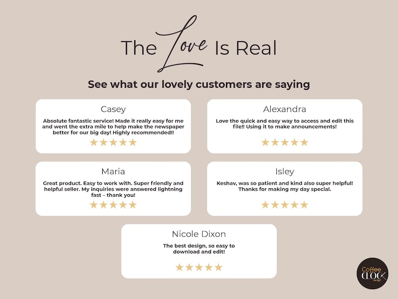 May include: A beige graphic with the text "The Love Is Real" and customer testimonials. The testimonials are in white rounded rectangles with customer names and star ratings. The Coffee Clock logo is in the bottom right corner.