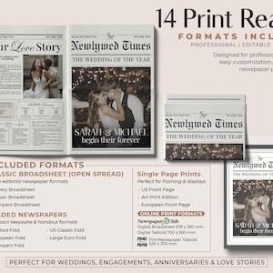 May include: A wedding newspaper template with the headline "Our Love Story" and "Newlywed Times." The design includes photos of a couple and various print formats. Text includes "14 Print Ready" and "Formats Included."