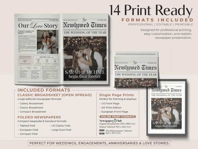 May include: A wedding newspaper template with the headline "Our Love Story" and "Newlywed Times." The design includes photos of a couple and various print formats. Text includes "14 Print Ready" and "Formats Included."