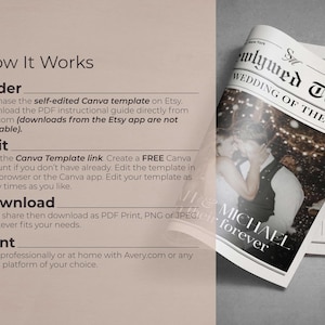 May include: A newspaper-style wedding announcement template with the headline "Newlywed Times WEDDING OF THE YEAR". The announcement features a photo of a couple and the text "MICHAEL & forever". Instructions on how to order, edit, download, and print are also included.