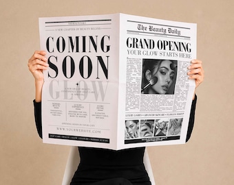 Modello di giornale aziendale modificabile per Canva, volantino per l'inaugurazione di un salone di bellezza, kit di marketing per un negozio di trattamenti per unghie e ciglia.