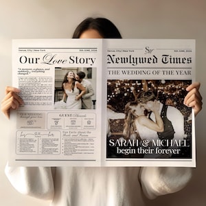 May include: A newspaper-style wedding announcement titled "Our Love Story" and "Newlywed Times." The announcement features photos of the couple, wedding details, and the text "Sarah & Michael begin their forever."