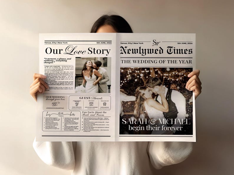 May include: A newspaper-style wedding announcement titled "Our Love Story" and "Newlywed Times." The announcement features photos of the couple, Sarah and Michael, and includes text about their wedding. The date is June 8, 2026.