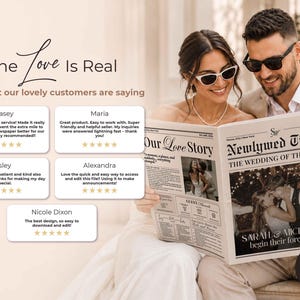 May include: A couple smiles while reading a newspaper titled "Newlywed Times: The Wedding of the Year." The newspaper features wedding photos and the text "Our Love Story." The image includes customer reviews and the phrase "The Love Is Real."