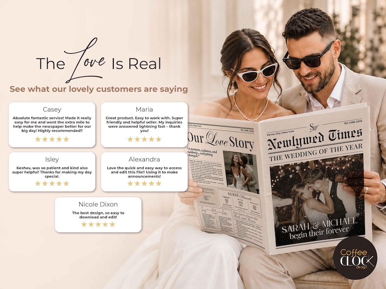 May include: A couple smiles while reading a newspaper titled "Newlywed Times: The Wedding of the Year." The newspaper features wedding photos and the text "Our Love Story." The image includes customer reviews and the phrase "The Love Is Real."