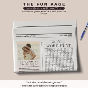 May include: A wedding-themed newspaper page with the headline "THE FUN PAGE." It includes a "Wedding WORD HUNT" puzzle, a photo of a couple, and text that reads "NOTE FROM THE Lovely Couple." A blue pen rests on the side.