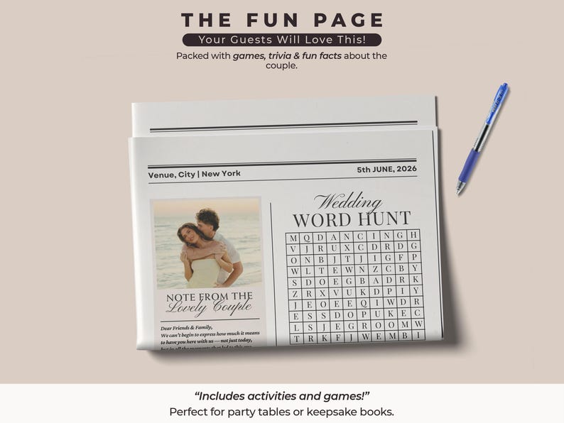 May include: A wedding-themed newspaper page with the headline "THE FUN PAGE." It includes a "Wedding WORD HUNT" puzzle, a photo of a couple, and text that reads "NOTE FROM THE Lovely Couple." A blue pen rests on the side.