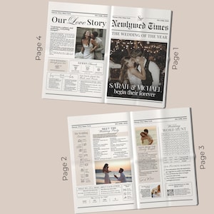 May include: A custom wedding newspaper with the headline "Newlywed Times" and the text "THE WEDDING OF THE YEAR." The newspaper features photos of the couple, articles, and a word search. The front page reads "SARAH & MICHAEL begin their forever."