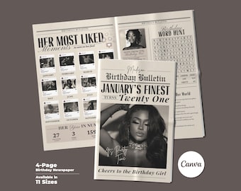 Canva 21 Birthday Party Invite Newspaper Template, Editable Newspaper Birthday, Large Newspaper Template, Birthday Newspaper For Photoshoot