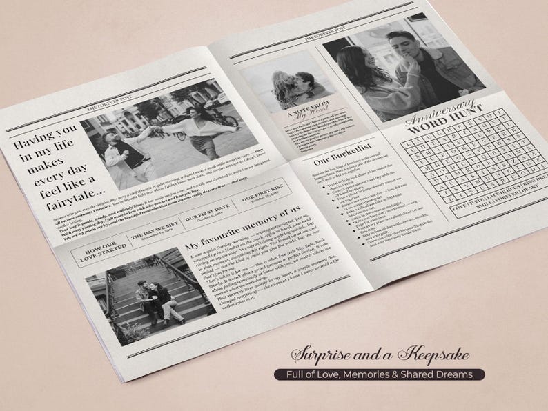 Op de afbeelding: Een aandenken in krantenstijl met zwart-wit foto's en tekst. De kop luidt: "Je in mijn leven hebben, maakt elke dag als een sprookje..." Andere secties zijn "Onze Bucketlist" en "Jubileum Woordzoeker".