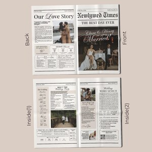 May include: A newspaper-style wedding announcement with the headline "Newlywed Times" and the text "The Best Day Ever." The front page features a photo of the couple, Clara and Henry, with the word "Married!"