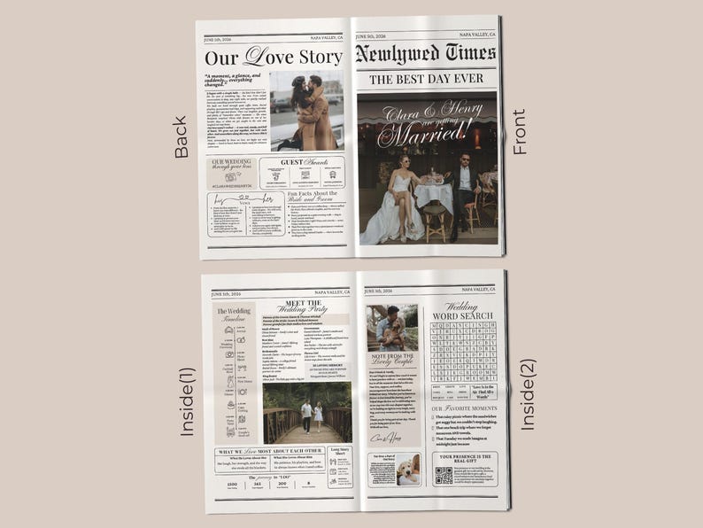 May include: A newspaper-style wedding announcement with the headline "Newlywed Times" and the text "The Best Day Ever." The front page features a photo of the couple, Clara and Henry, with the word "Married!"