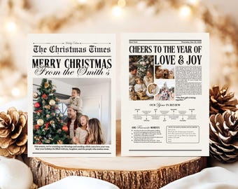 Boletín de Navidad de recuerdo / Plantilla de tarjeta navideña de resumen del año / Collage de fotos para tarjeta "¡Qué año!" / Tarjeta navideña imprimible de periódico