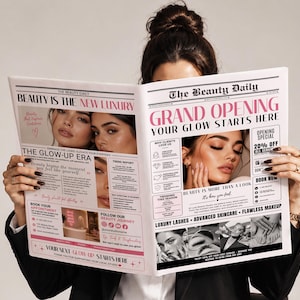 以下が含まれることがあります： 「The Beauty Daily」というタイトルの新聞を開いている人。見出しは「Grand Opening, Your Glow Starts Here」と書かれています。新聞には、「Luxury Lashes, Advanced Skincare, Flawless Makeup」など、美容製品の広告が掲載されています。