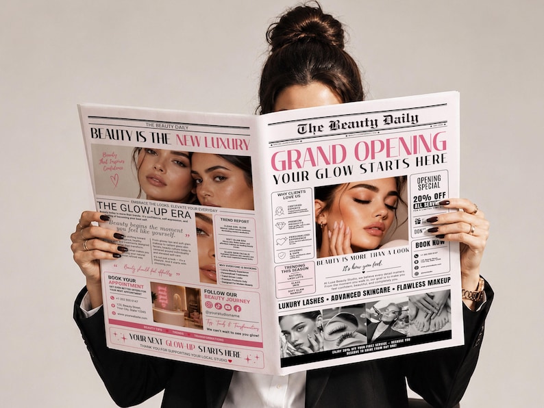 以下が含まれることがあります： 「The Beauty Daily」というタイトルの新聞を開いている人。見出しは「Grand Opening, Your Glow Starts Here」と書かれています。新聞には、「Luxury Lashes, Advanced Skincare, Flawless Makeup」など、美容製品の広告が掲載されています。