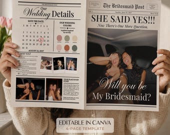 Will You Be My Bridesmaid Newspaper Template, Editable Bridesmaid Proposal Newspaper with Photo, Printable Proposal Gift
