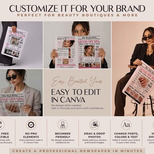 以下が含まれることがあります： 美容ビジネス向けのプロモーション画像。画像には、「Grand Opening」の見出しと「Customize it for your brand」と「Easy to edit in Canva」というテキストが記載された新聞のデザインが使用されています。