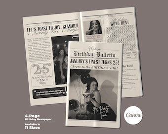 Canva 25 Birthday Party Invite Newspaper Template, Editable Newspaper Birthday, Large Newspaper Template, Birthday Newspaper For Photoshoot