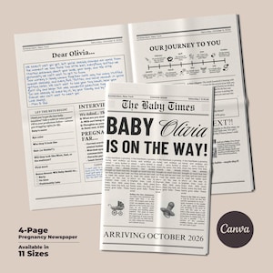 Pregnancy Announcement Newspaper Canva Template, Baby Announcement Newspaper, Large Baby Shower Newspaper, Printable Newspaper Reveal
