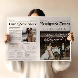 May include: A newspaper-style wedding announcement titled "Our Love Story" and "Newlywed Times." The announcement includes photos of the couple and the text "Clara & Henry are getting Married!"