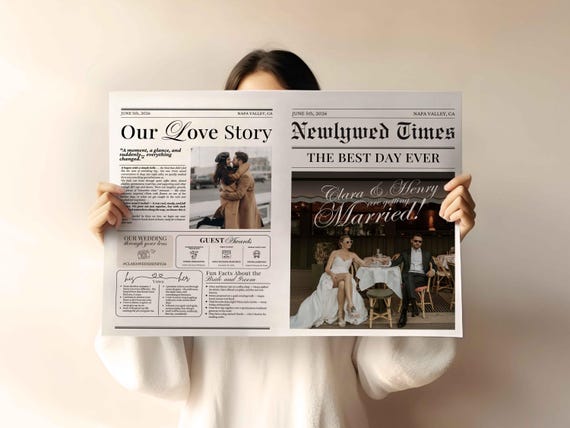 Wedding Newspaper Template with Photo, Newlywed Times, Editable Wedding Program, Marriage Itinerary, Custom Wedding Keepsake