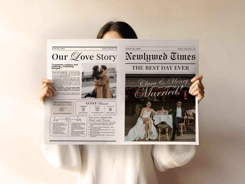 May include: A newspaper-style wedding announcement titled "Our Love Story" and "Newlywed Times." The announcement includes photos of the couple and the text "Clara & Henry are getting Married!"