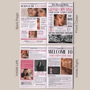 以下が含まれることがあります： ピンクと白の配色で、新聞スタイルの広告。表紙には女性の写真とともにグランドオープンの告知。裏面では美容サービスを宣伝。内側のページには写真とテキストが掲載されています。