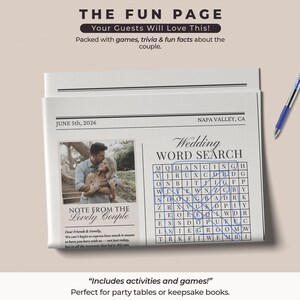 May include: A newspaper-style wedding activity sheet with a word search, photo, and text. The headline reads "THE FUN PAGE." A blue pen rests on the beige background. The text includes "Wedding WORD SEARCH" and "NOTE FROM THE Lovely Couple."