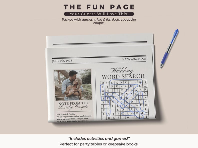 May include: A newspaper-style wedding activity sheet with a word search, photo, and text. The headline reads "THE FUN PAGE." A blue pen rests on the beige background. The text includes "Wedding WORD SEARCH" and "NOTE FROM THE Lovely Couple."