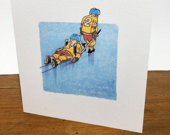 May include: A cartoon illustration of two hockey players on a blue ice rink. One player is lying on the ice while the other player is helping him up. The text "Sorry to hear you're unwell" is written below the players.