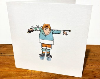 May include: A cartoon illustration of a hockey player with a broken arm and stick, wearing an orange helmet, blue and white jersey, orange shorts, and black skates. The player is flying through the air with their arms outstretched.