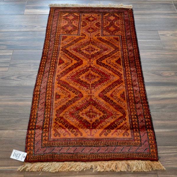 Vintage Beshir Rug 3' x 5' 7 | Orange & Reds | Single Mihrab Turkoman Rug