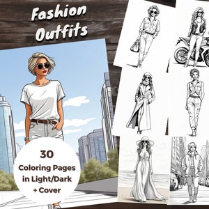 Fashion and Style Outfits, 30 Coloring Pages, Printable PDF, Grayscale Illustration, Coloring Book for Adults and Kids