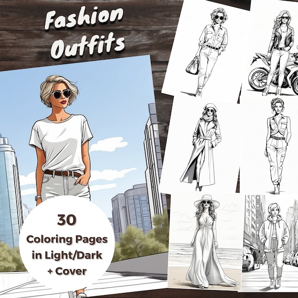 Fashion and Style Outfits, 30 Coloring Pages, Printable PDF, Grayscale Illustration, Coloring Book for Adults and Kids
