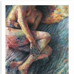May include: A painting of two figures embracing in a bed, with a textured, abstract background in shades of blue, green, and purple.