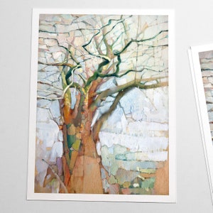 Könnte beinhalten: Ein Gemälde eines kahlen Baumes mit einem dicken Stamm und vielen Ästen vor einem weißen Hintergrund. Der Baum ist in einem stilisierten, abstrakten Stil mit dicken Pinselstrichen und einer strukturierten Oberfläche gemalt.